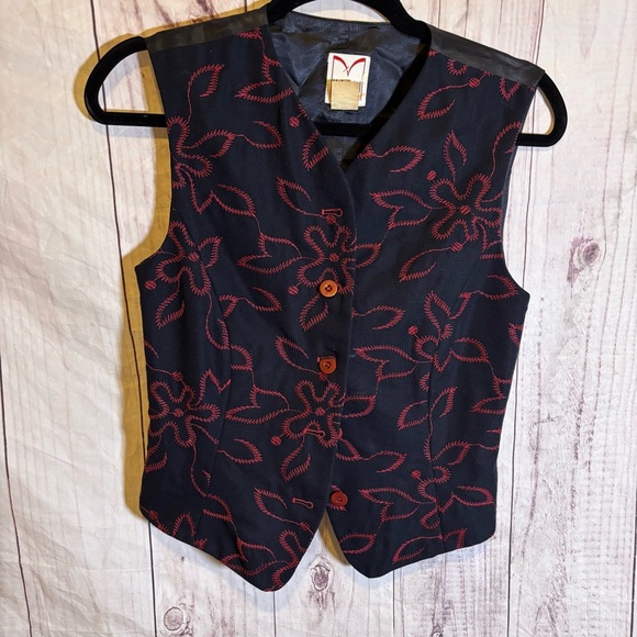 Vintage Sleeveless Black Button Up Vest with Red Floral Embroidery Large - Picture 1 of 6